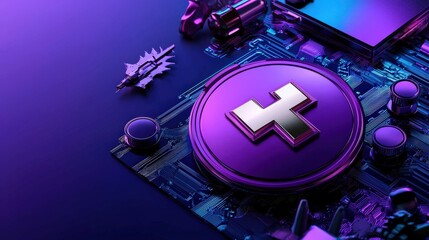 A gleaming digital coin with a stylized cross symbol rests atop a complex circuit board in a vibrant display of futuristic technology and metallic accents.