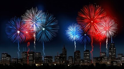 Fototapeta premium Colorful fireworks display over a city skyline at night, illuminating the dark sky with vibrant bursts of red, blue, and white, creating a festive atmosphere for celebrations