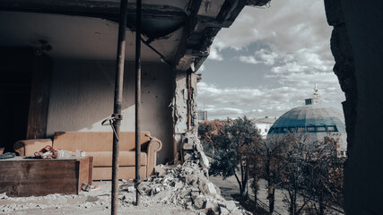 ruined street and destroyed houses the city war in Ukraine