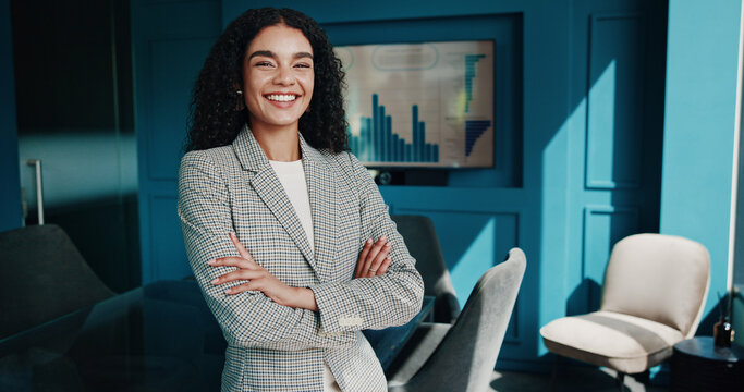 Portrait, finance and business woman with arms crossed for investment opportunity, pride and actuary with smile. Confident worker, corporate professional and happy employee in office as risk analyst