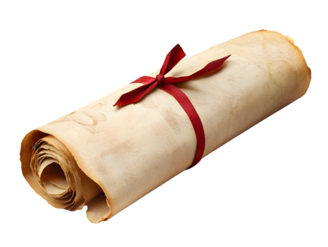 Aged Parchment Scroll Tied with Elegant Red Ribbon Vintage Antique Document Old Paper Texture Background Isolated Roll book brown cream white power    - Powered by Adobe