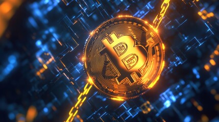 Glowing Bitcoin Cryptocurrency with Chain Link