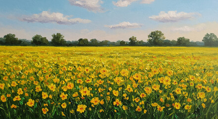 Golden Meadow Landscape: An expansive view of a vibrant field carpeted with bright yellow flowers, under a vast blue sky dotted with fluffy clouds, and a distant tree line.