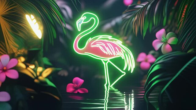 Tropical neon flamingo sign changes color in lush vegetation