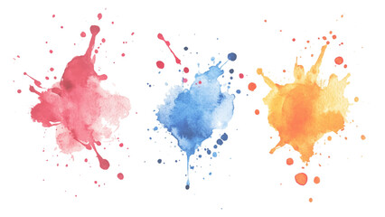 Three watercolor spots with colorful drops and spray on a white background. Colorful watercolor brush strokes vector. set of paint splatter illustration.