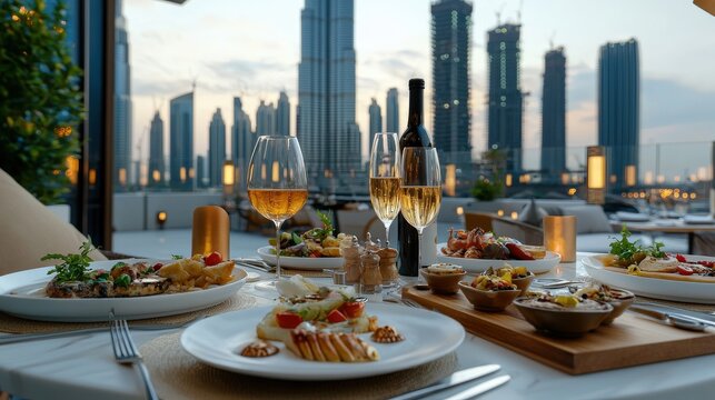 Elevated dining experience in a luxurious rooftop restaurant featu gourmet meals and elegant wine with a stunning cityscape backdrop at twilight in Dubai.