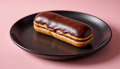  Glossy chocolate éclair with smooth dark chocolate glaze, filled with creamy vanilla custard