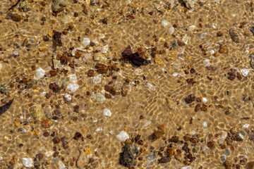 Pattern of light in water flowing over the sand, shells and stones at the water’s edge. Coochiemudlo Island Queensland, Australia