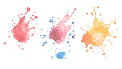 Three watercolor spots with colorful drops and spray on a white background. Colorful watercolor brush strokes vector. set of paint splatter illustration.