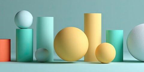Fototapeta premium Colorful geometric shapes including spheres and cylinders in pastel hues arranged artistically on a soft background, showcasing modern design and visual harmony with copy space