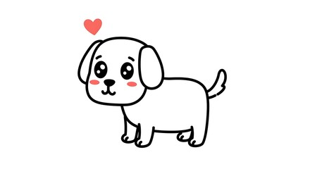 Fototapeta premium A cute cartoon puppy with big sparkling eyes, blushing cheeks, and a red heart floating above its head, standing happily on a white background.