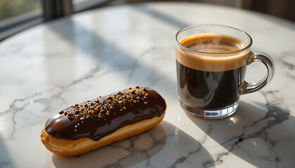  Glossy chocolate éclair with smooth dark chocolate glaze, filled with creamy vanilla custard