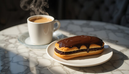  Glossy chocolate éclair with smooth dark chocolate glaze, filled with creamy vanilla custard