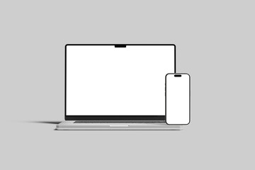 Laptop Computer and Mobile Phone Mockup. Digital devices screen template vector illustration with transparent background.