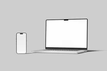 Laptop Computer and Mobile Phone Mockup. Digital devices screen template vector illustration with transparent background.