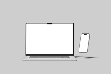Laptop Computer and Mobile Phone Mockup. Digital devices screen template vector illustration with transparent background.