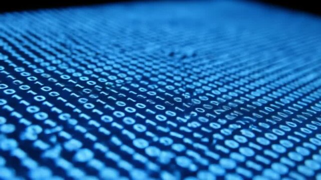 This captivating experience showcases an intricate pattern of binary code displayed in a stunning blue hue, reflecting the complexity of digital information representation.