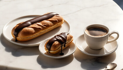 Glossy chocolate éclair with smooth dark chocolate glaze, filled with creamy vanilla custard