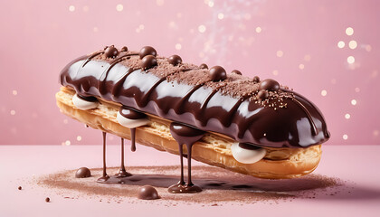  Glossy chocolate éclair with smooth dark chocolate glaze, filled with creamy vanilla custard