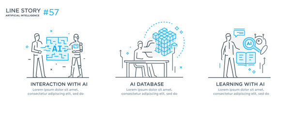 Set of illustrations concept with businessmen. technology, partnership, artificial intelligence business robot, cybes. linear illustration Icons infographics. Landing page site print poster. Line