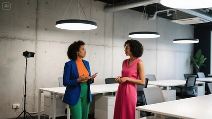 Naklejka premium clothing boutique, two women discussing fashion, colorful dresses and clothing items on display, contemporary interior design, bright lighting, hardwood floors, minimalist style 