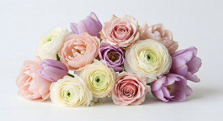 Beautiful bouquet of pastel roses and tulips arranged decoratively  