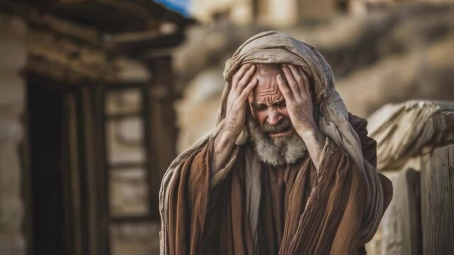 Apostle Peter weeps bitterly, having denied Christ. Biblical times. An old man in grief. For Christian church publications