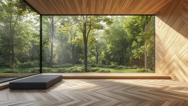 Fototapeta Light-filled modern room with forest view