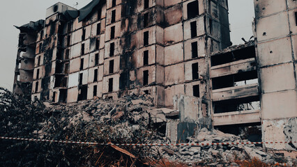 ruined street and destroyed houses the city war in Ukraine