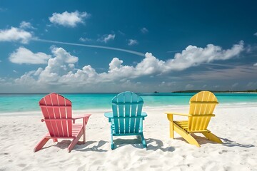 Three Colorful Adirondack Chairs on a Pristine White Sand Beach with Turquoise Ocean and Blue Sky