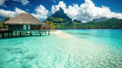 Tropical overwater bungalows on a pristine beach, turquoise water, lush mountains