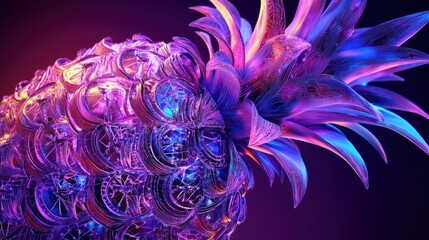 Abstract, stylized pineapple, glowing with vibrant purple and blue neon lights, intricate mechanical details