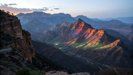Fototapeta premium A breathtaking mountain landscape at sunrise, with dramatic sunlight casting colorful shadows over rugged peaks and winding roads.