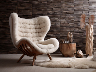 Stylish beige armchair covered in furry sheep's wool.