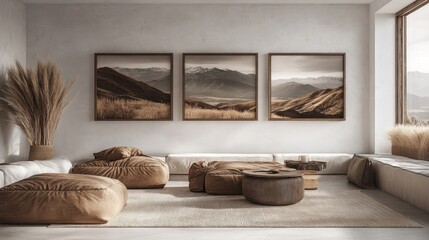 Three framed prints of a mountain landscape in a modern living room.