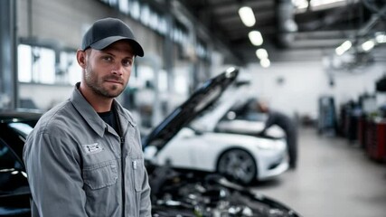 Mechanic in Auto Repair Shop: A skilled auto mechanic, wearing a gray uniform and cap, stands confidently in a well-lit auto repair shop, showcasing professionalism and expertise.