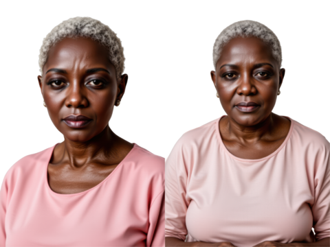 photo realistic full body portrait of a kenyan elderly woman, white cropped hair, soft blush dress, upright with hands at front, on white background, centered, easy to use.