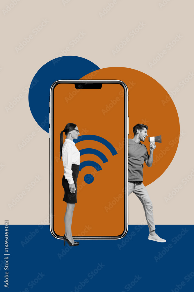 Aufkleber image vertical 3d collage poster of happy business partners stand phone device screen wifi icon fast