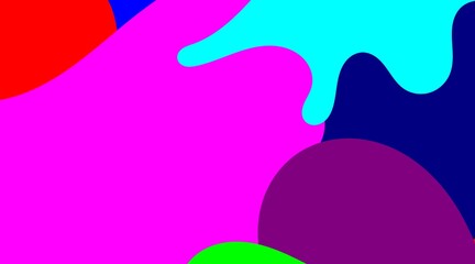 Abstract design unfolds, featuring a playful arrangement of brightly colored, fluid shapes including purple, red, cyan, and black, seamlessly flowing into one another.