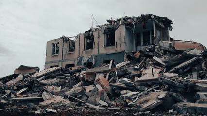 ruined street and destroyed houses the city war in Ukraine