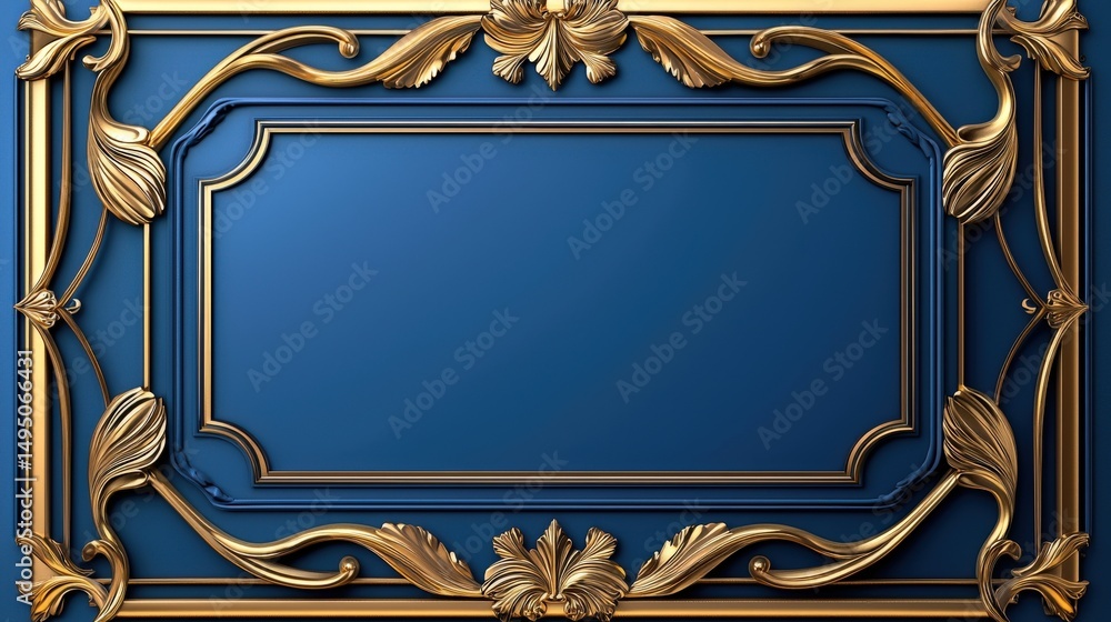 Fototapete ornate gold frame with baroque details surrounds a smooth, dark blue panel, creating an elegant and 