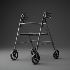 Gray metal walker with black hand grips and seat. Stationary walker in a neutral, gray studio setting. Medical supply for elderly/disabled person in a healthcare environment -