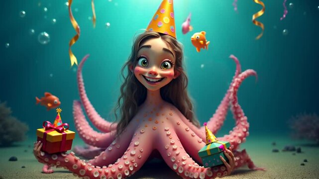 Cute cartoon octopus girl with party hat and gifts under the sea surrounded by fish. Concept of underwater birthday, fantasy celebration, and whimsical joy