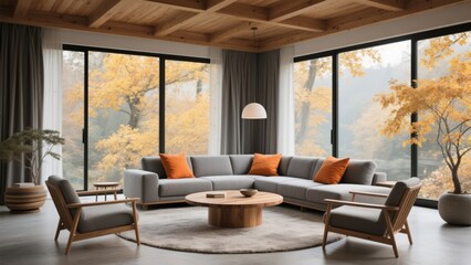 Modern Living Room with Autumn View