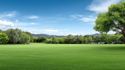 Lush green grass field surrounded by trees under a bright blue sky during morning sunlight, ideal for outdoor activities and relaxation