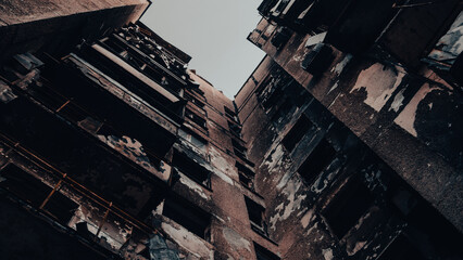 ruined street and destroyed houses the city war in Ukraine