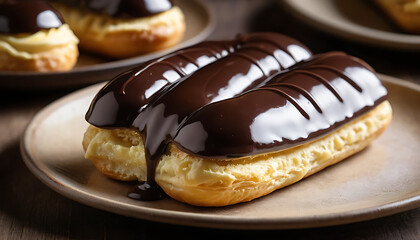  Glossy chocolate éclair with smooth dark chocolate glaze, filled with creamy vanilla custard