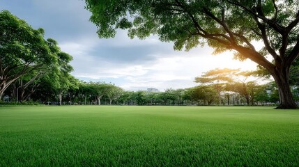 Fototapeta premium Morning light illuminates a lush green grass field surrounded by trees under a vibrant blue sky, perfect for summer outings
