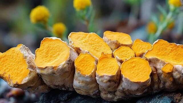 Orange yellow fungi cluster on log
