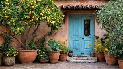 Fototapeta premium A charming blue door stands proudly against a rustic wall adorned with vibrant green plants and yellow lemons. This idyllic scene embodies warmth and tranquility